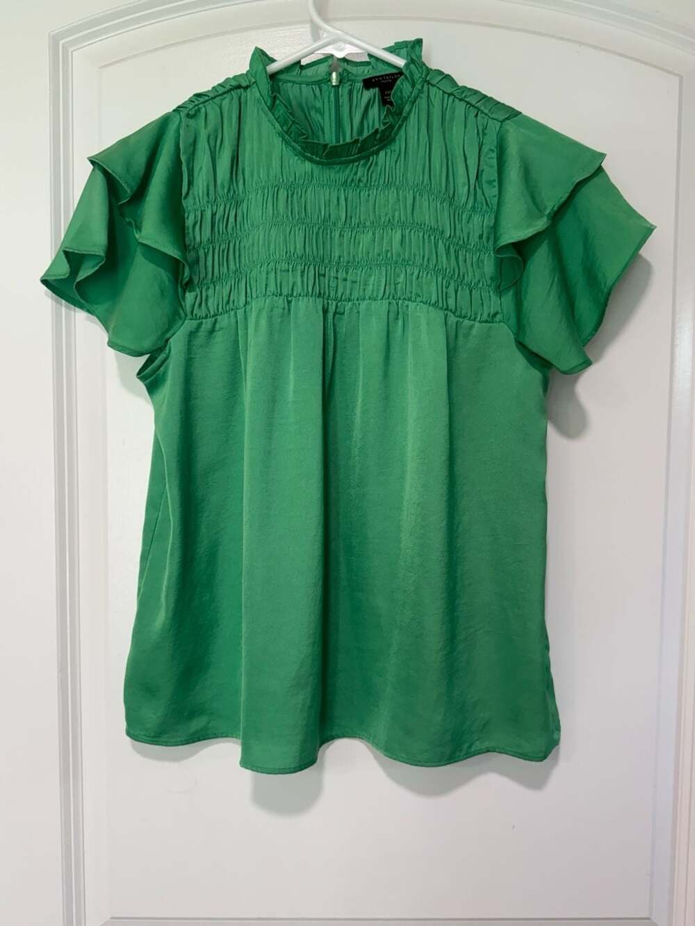 Emerald Green Satin Smocked Blouse Ruffle Sleeve Romantic Petite XXS